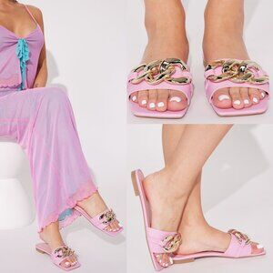 Everly Chain Sandals - Pink Sandal 7.5 Square Toe Gold Chain Slides